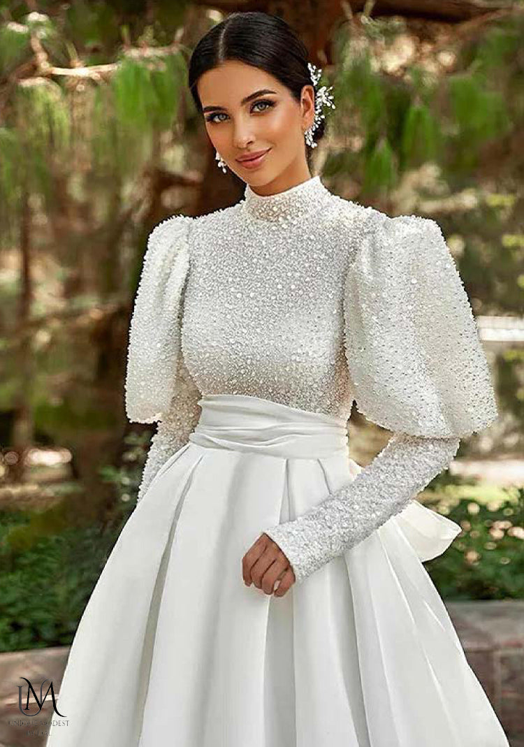 Opulique - Long Sleeve Satin Modest Wedding Dress