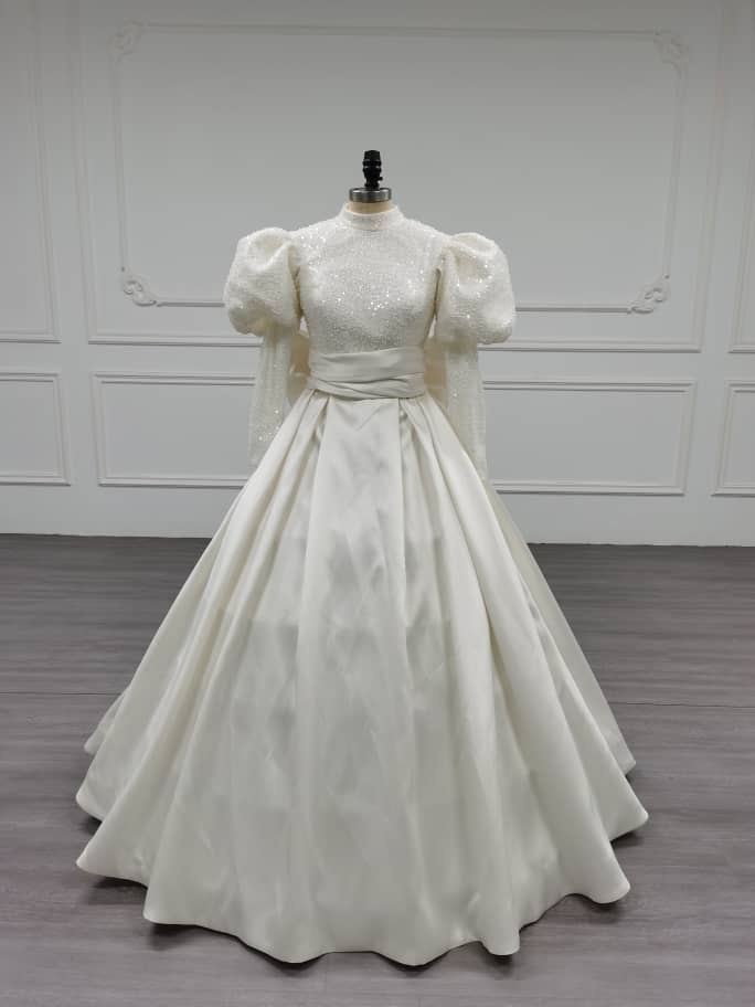 Opulique - Long Sleeve Satin Modest Wedding Dress