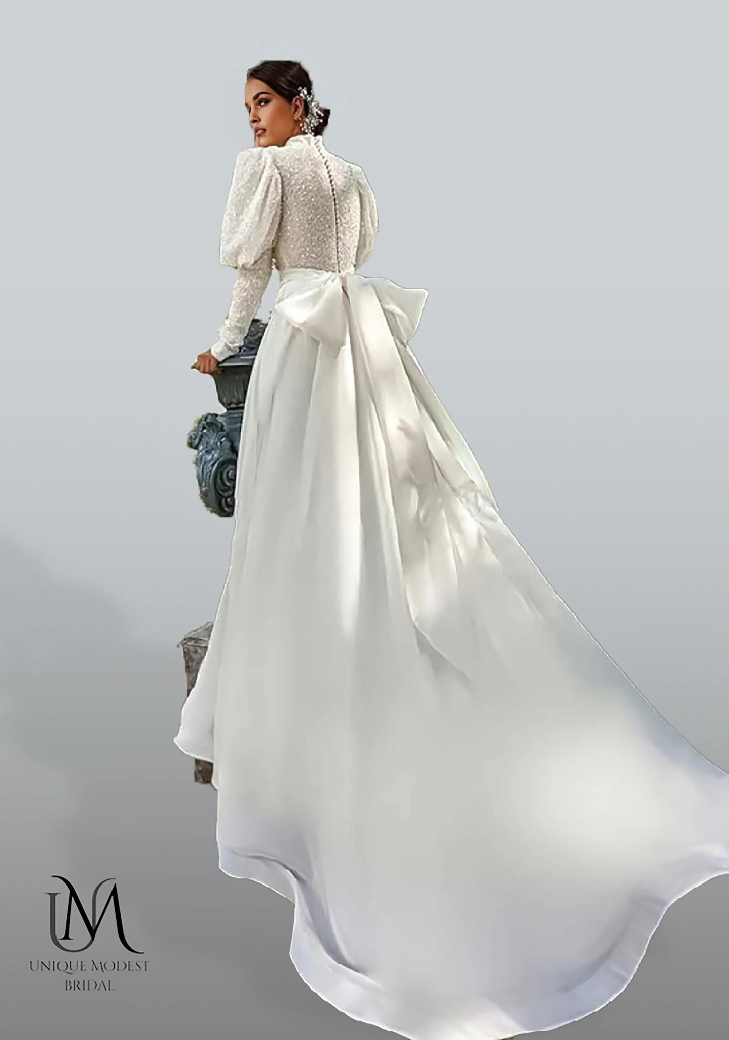 Opulique - Long Sleeve Satin Modest Wedding Dress