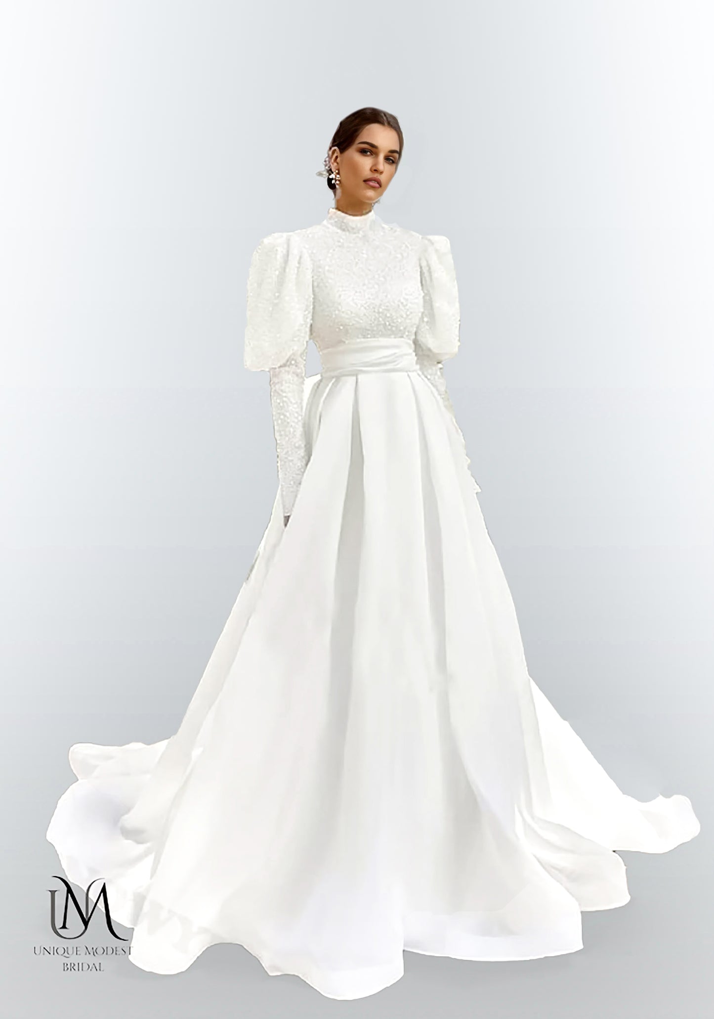 Opulique - Long Sleeve Satin Modest Wedding Dress