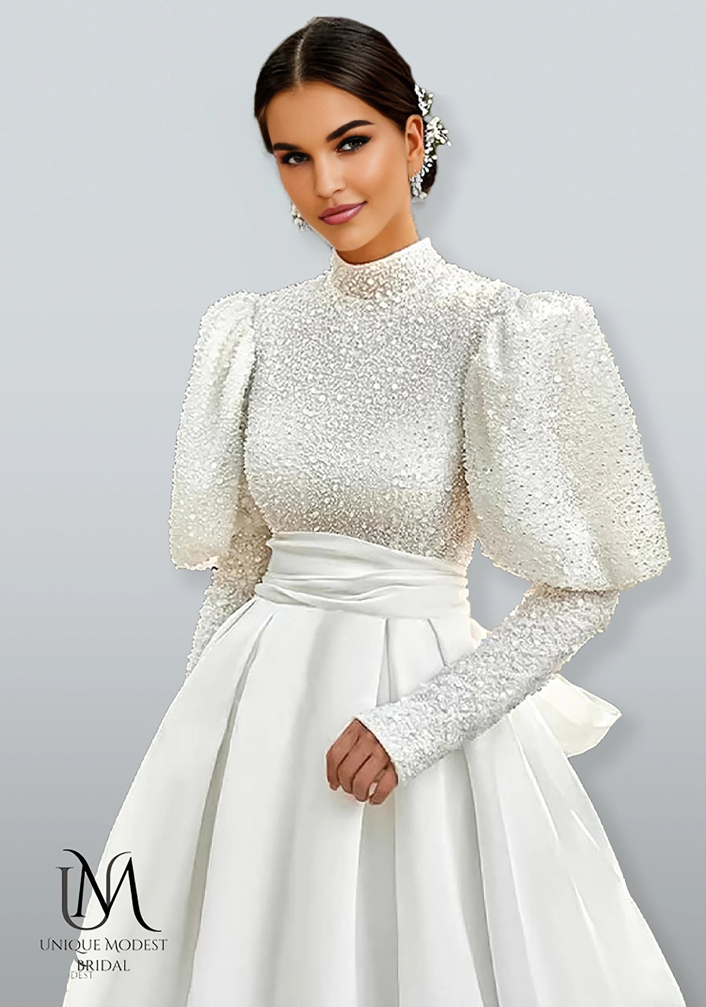 Opulique - Long Sleeve Satin Modest Wedding Dress