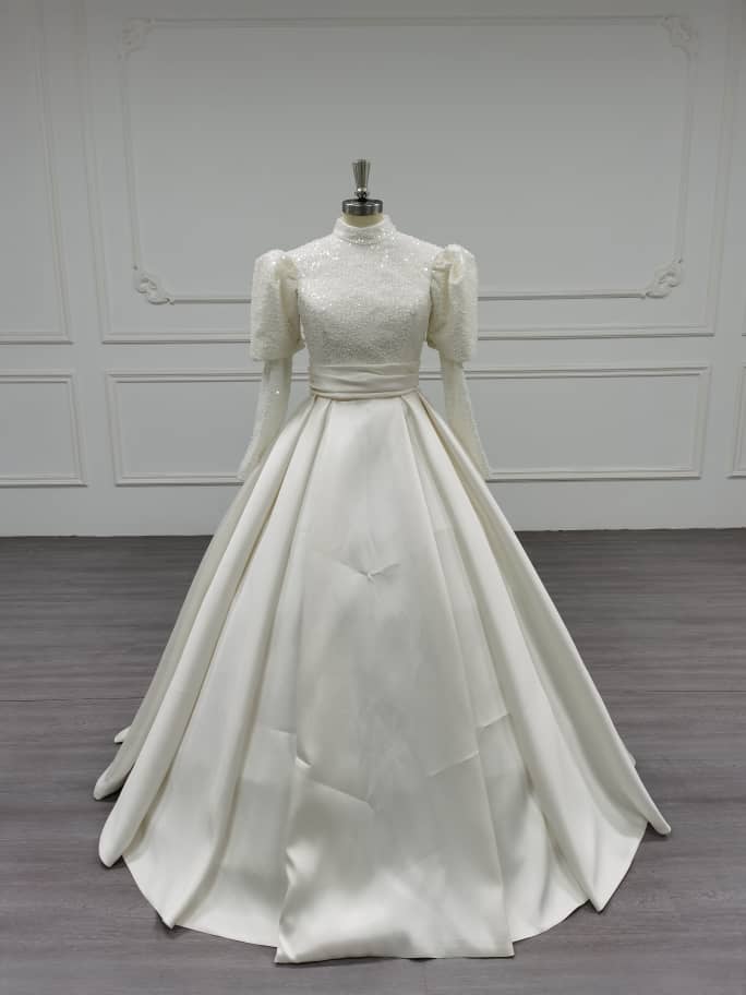 Opulique - Long Sleeve Satin Modest Wedding Dress