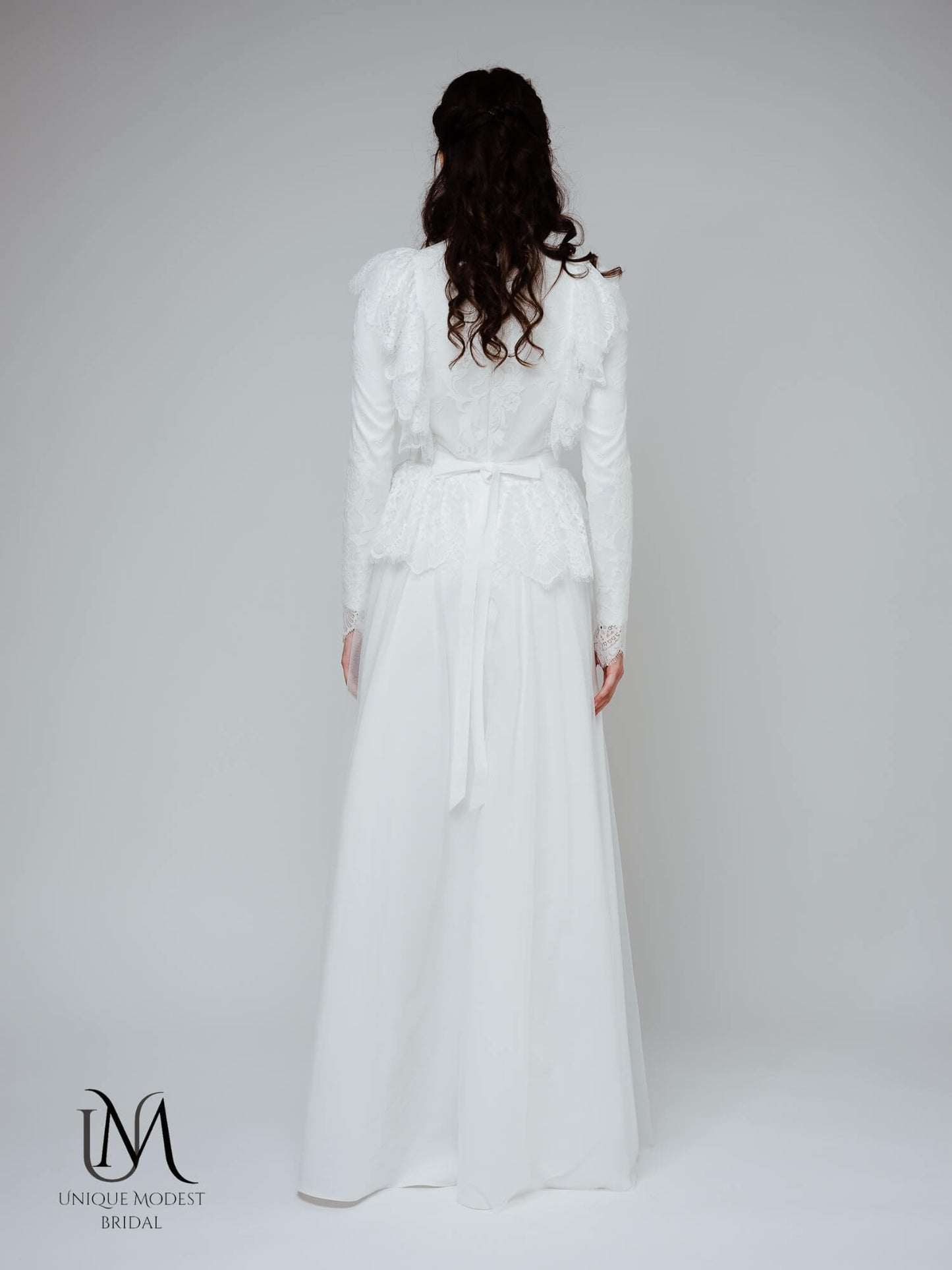 Bryony - Modest Long-Sleeve Lace Wedding Dress with Tulle Skirt
