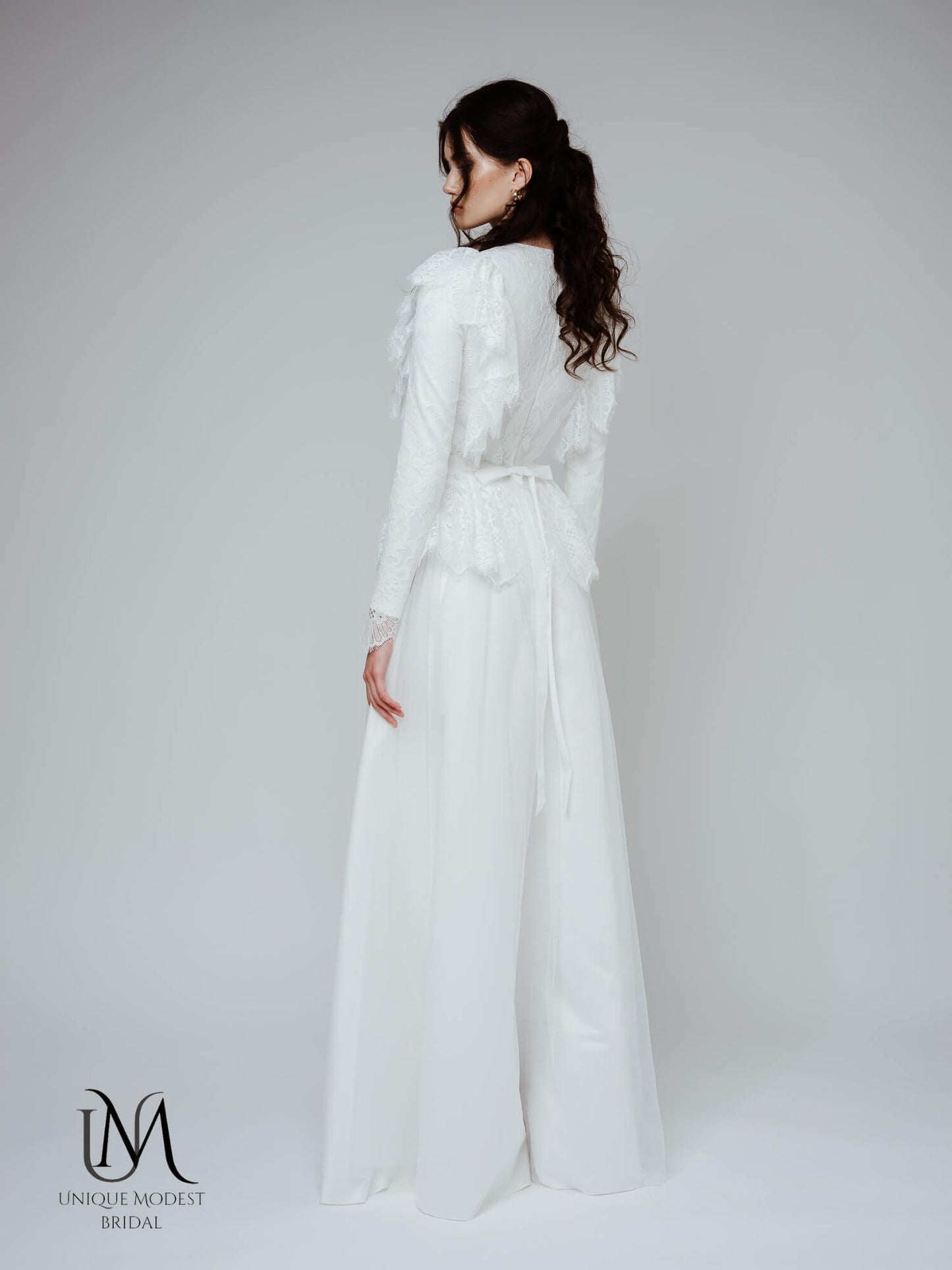 Bryony - Modest Long-Sleeve Lace Wedding Dress with Tulle Skirt