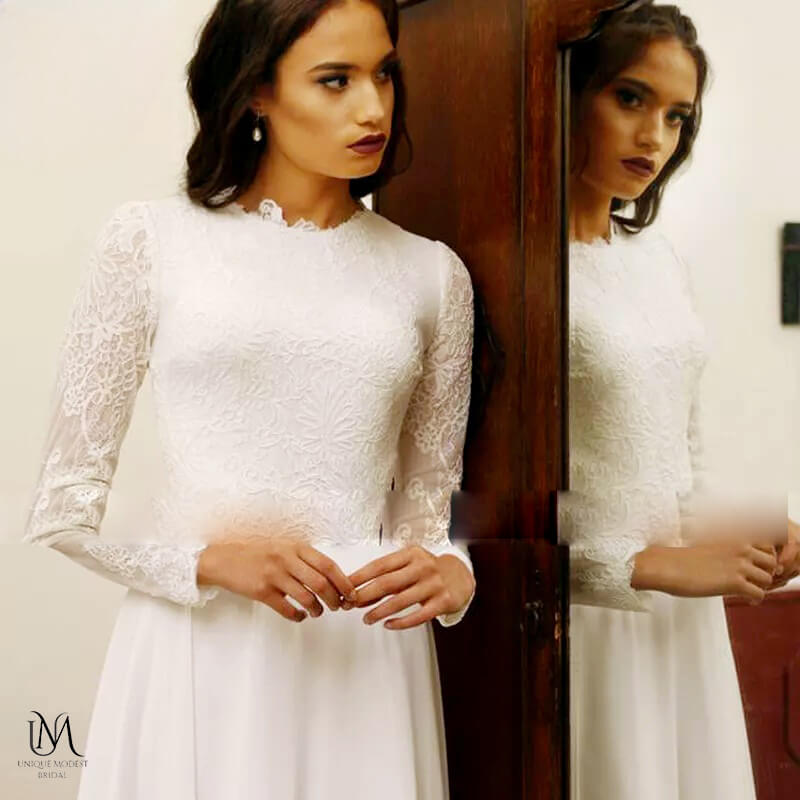 Earth - Elegant Simple Flow Chiffon Modest Wedding Dress