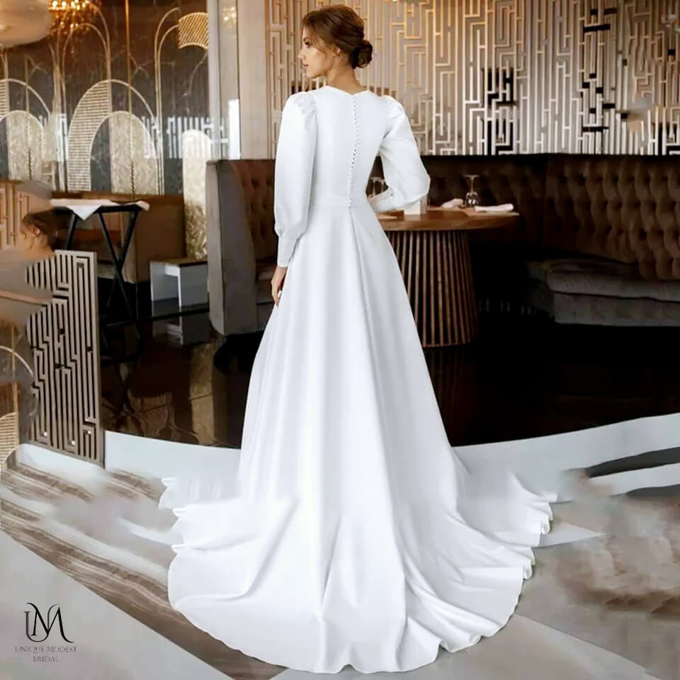Jupiter - Simple Flow Satin Modest Wedding Dress
