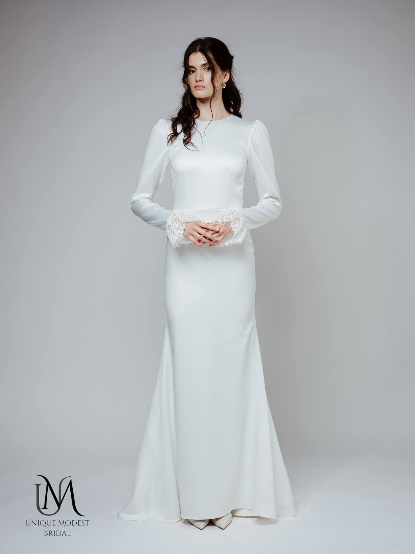 Style - Modest Long-Sleeve Satin Wedding Dress with Lace Cuff Accents
