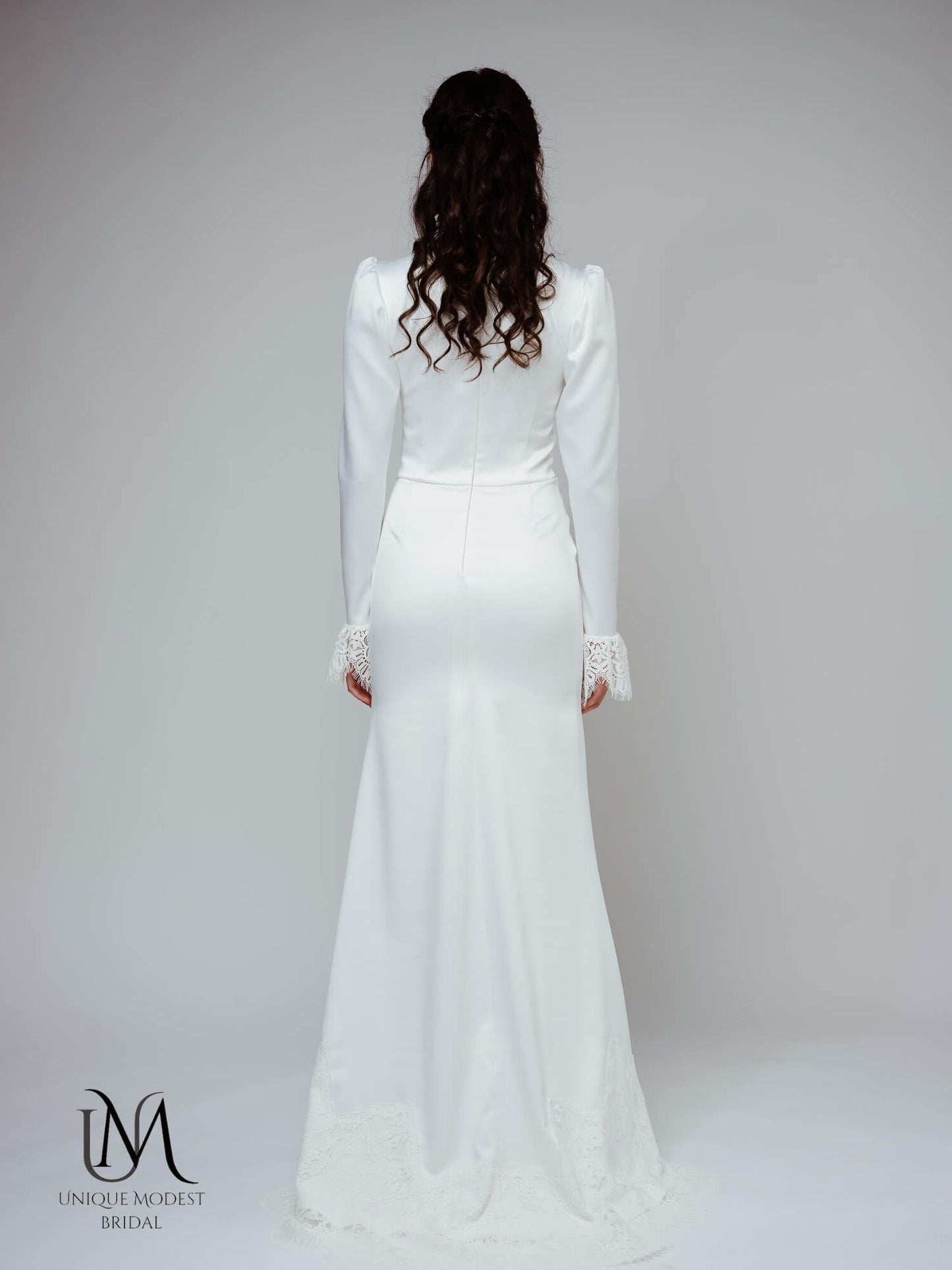Style - Modest Long-Sleeve Satin Wedding Dress with Lace Cuff Accents