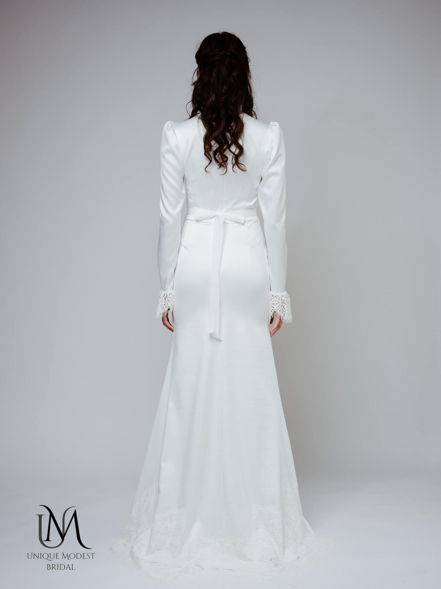 Style - Modest Long-Sleeve Satin Wedding Dress with Lace Cuff Accents