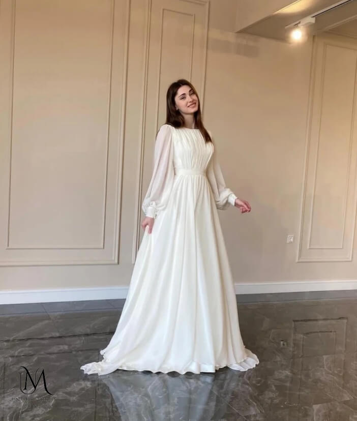 Uranus - Classic Minimalist Chiffon Modest Wedding Dress