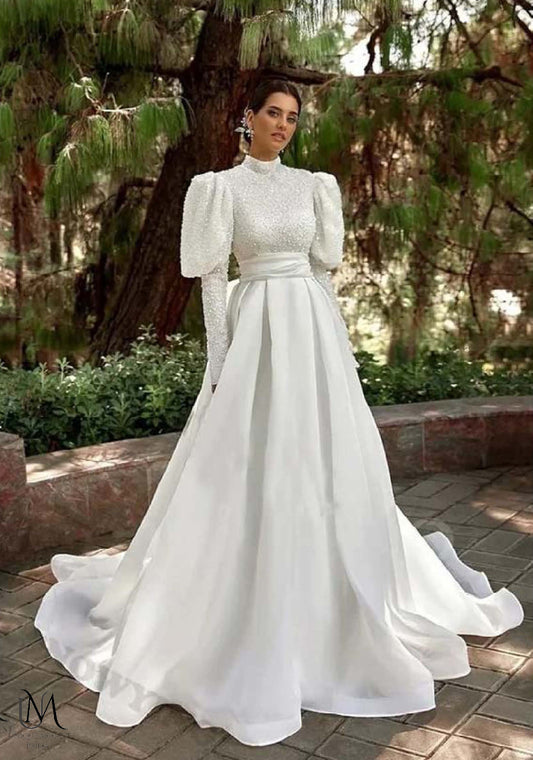 Opulique - Long Sleeve Satin Modest Wedding Dress