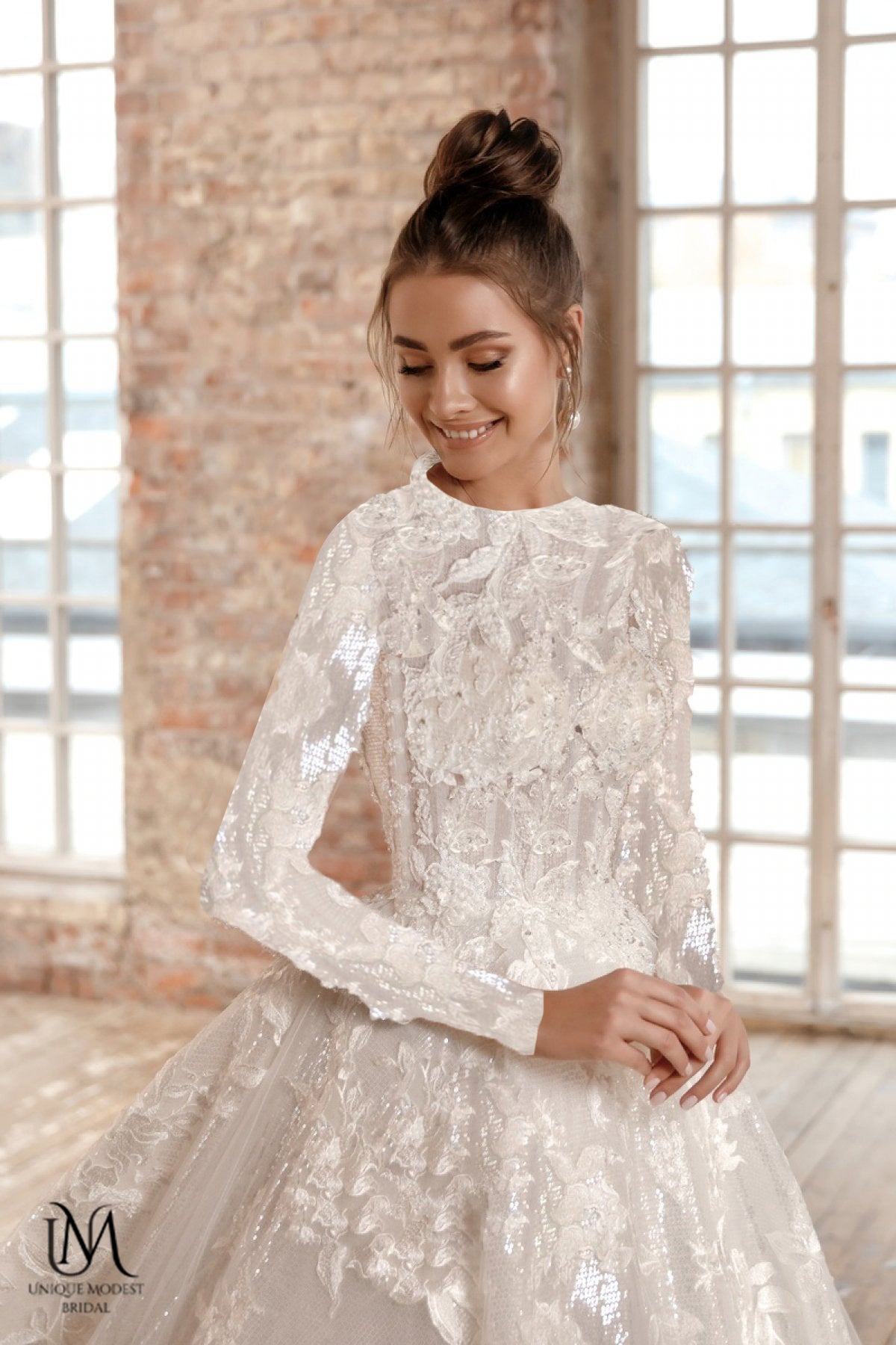 Serenara - Elegant Long Sleeve Satin Modest Wedding Dress