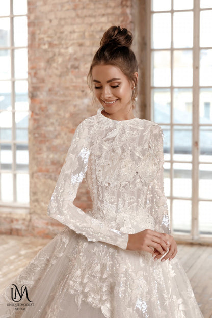 Serenara - Elegant Long Sleeve Satin Modest Wedding Dress