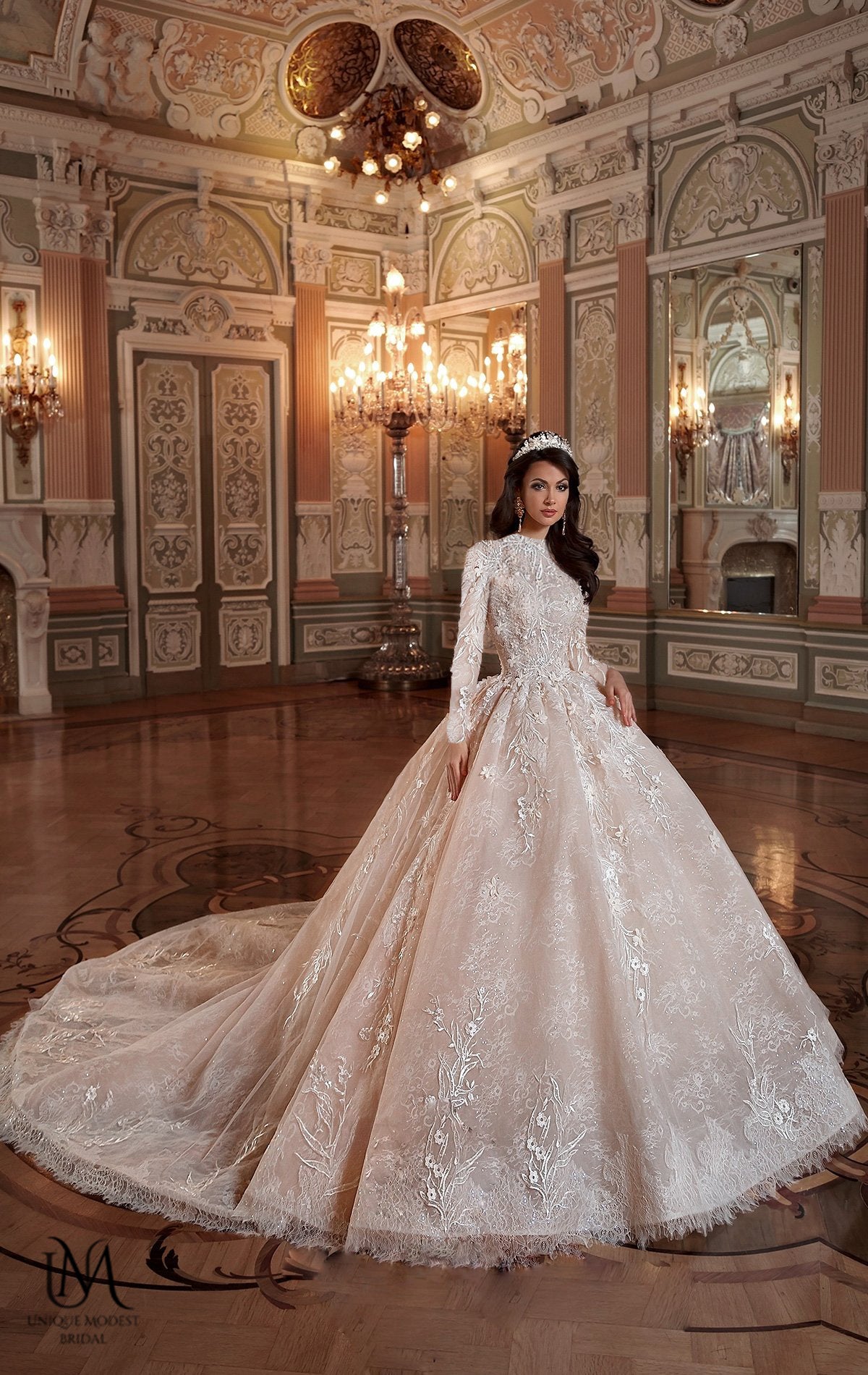 Eclara - Long Sleeve Satin Ball Gown Modest Wedding Dress