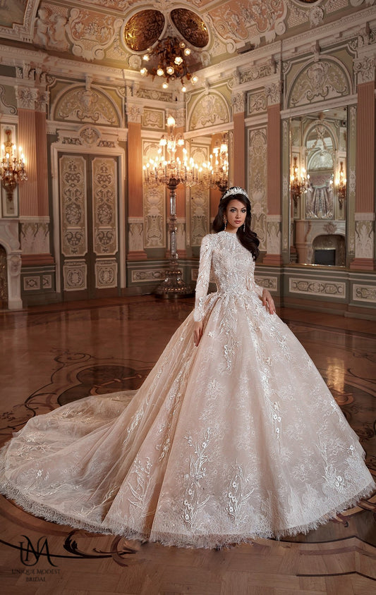 Eclara - Long Sleeve Satin Ball Gown Modest Wedding Dress