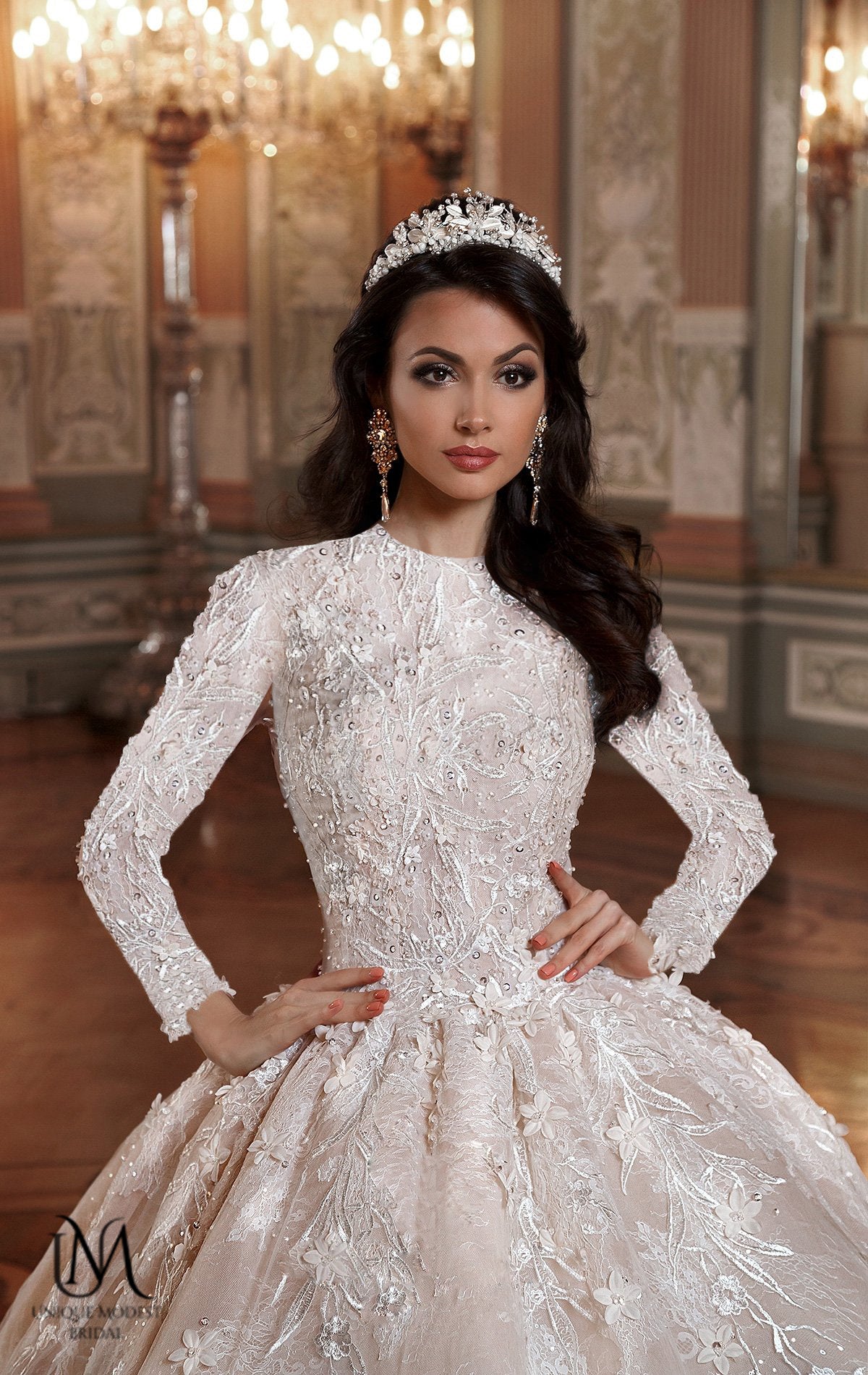 Eclara - Long Sleeve Satin Ball Gown Modest Wedding Dress
