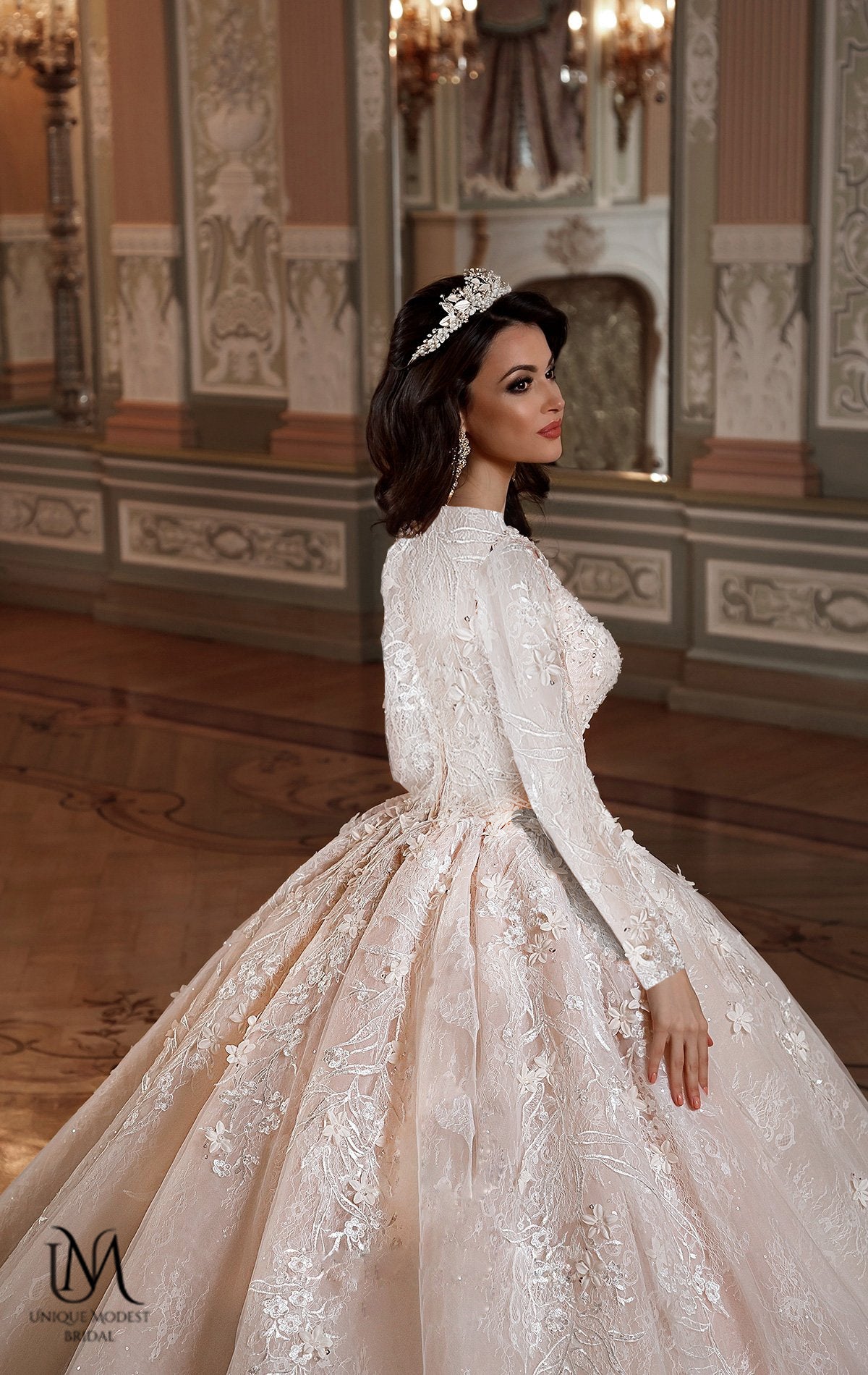 Eclara - Long Sleeve Satin Ball Gown Modest Wedding Dress