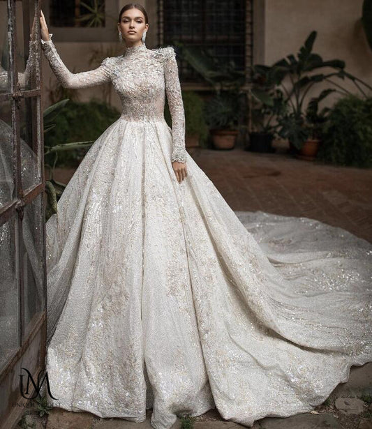 Nova - Stunning Elegant Modest Wedding Dress in Satin and Beadings
