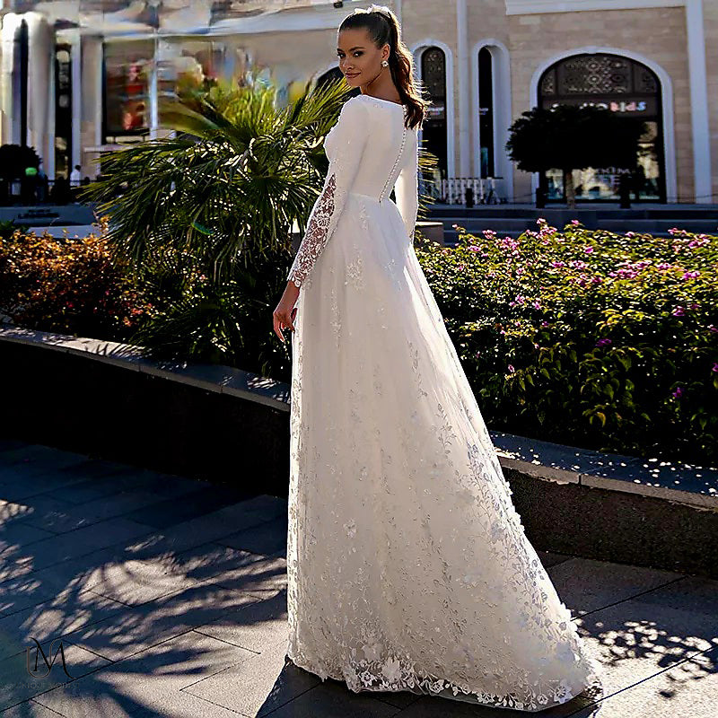 Ethereva - Elegant A-Line Modest Wedding Dress in Satin and Lace