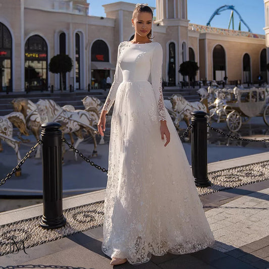 Ethereva - Elegant A-Line Modest Wedding Dress in Satin and Lace