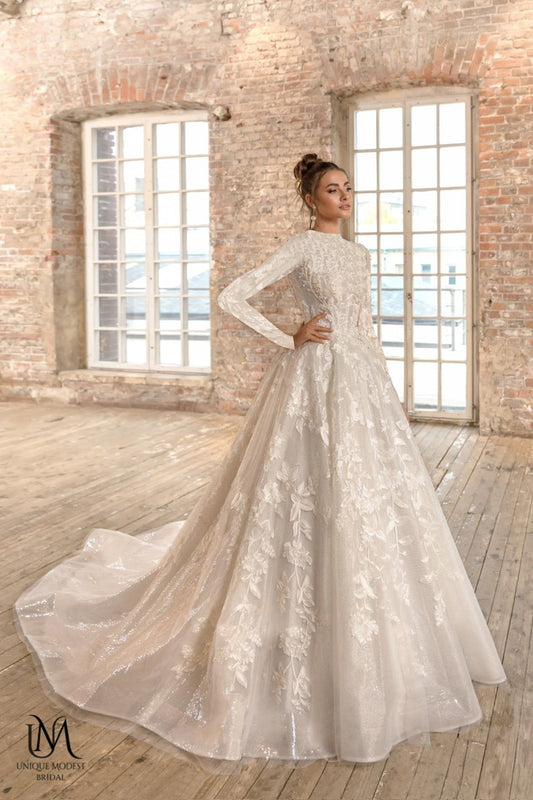 Serenara - Elegant Long Sleeve Satin Modest Wedding Dress