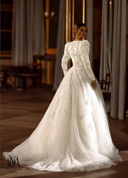 Glamera - Best-Selling A-Line Satin Modest Wedding Dress