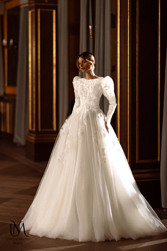 Glamera - Best-Selling A-Line Satin Modest Wedding Dress