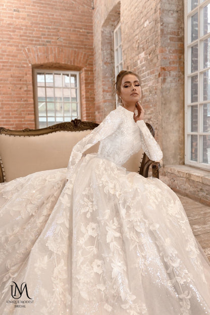 Serenara - Elegant Long Sleeve Satin Modest Wedding Dress