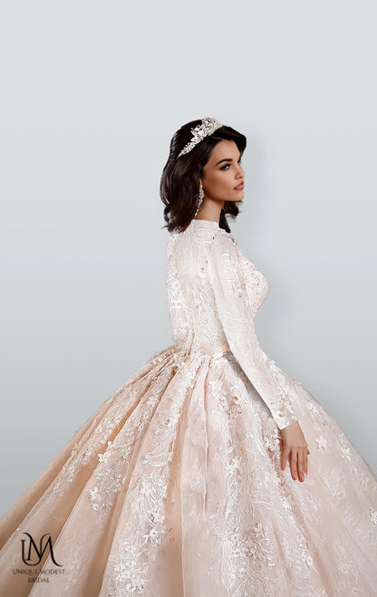 Eclara - Long Sleeve Satin Ball Gown Modest Wedding Dress
