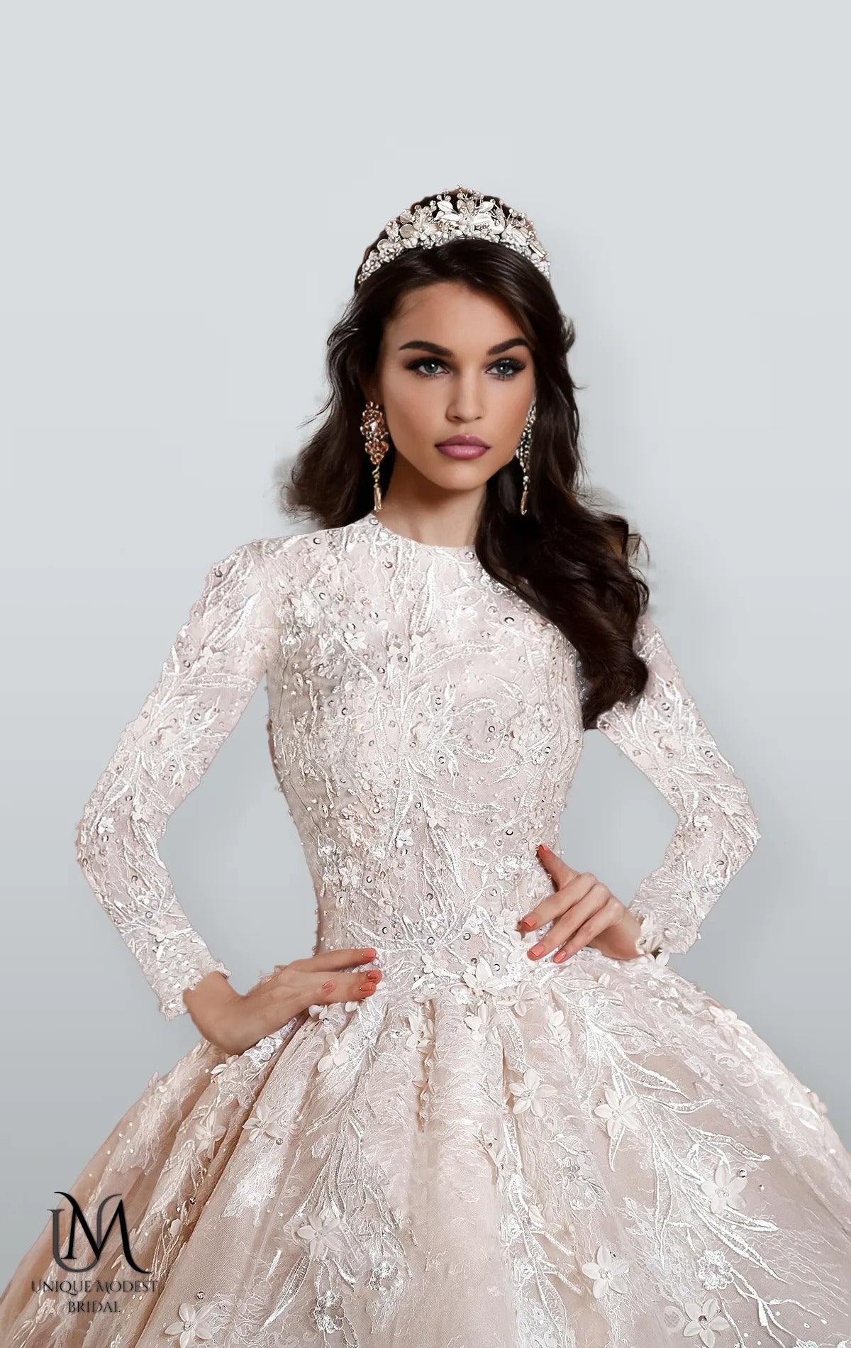 Eclara - Long Sleeve Satin Ball Gown Modest Wedding Dress