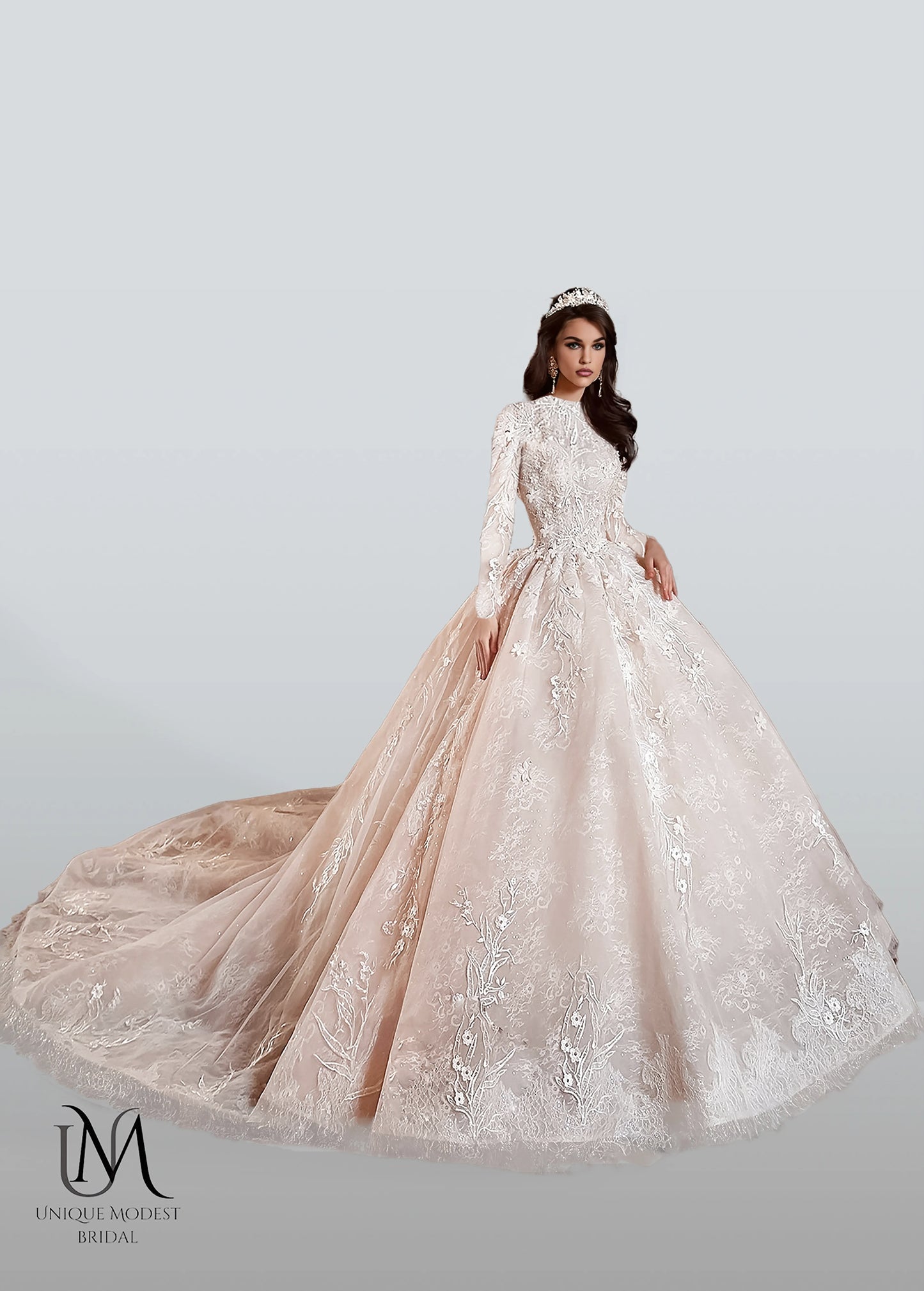 Eclara - Long Sleeve Satin Ball Gown Modest Wedding Dress