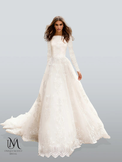 Elegara - Long Sleeve A-Line Modest Wedding Dress