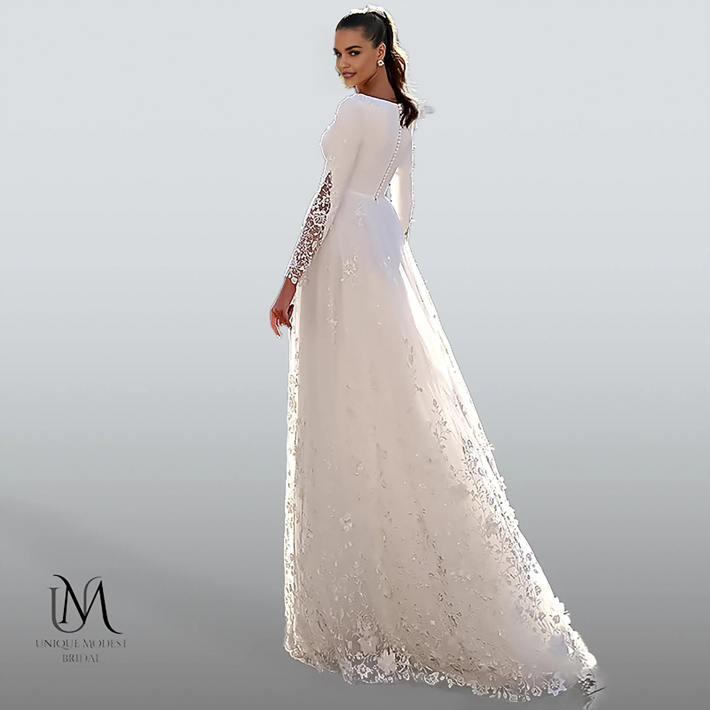 Ethereva - Elegant A-Line Modest Wedding Dress in Satin and Lace