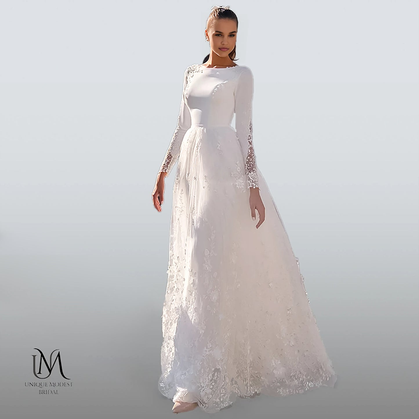 Ethereva - Elegant A-Line Modest Wedding Dress in Satin and Lace