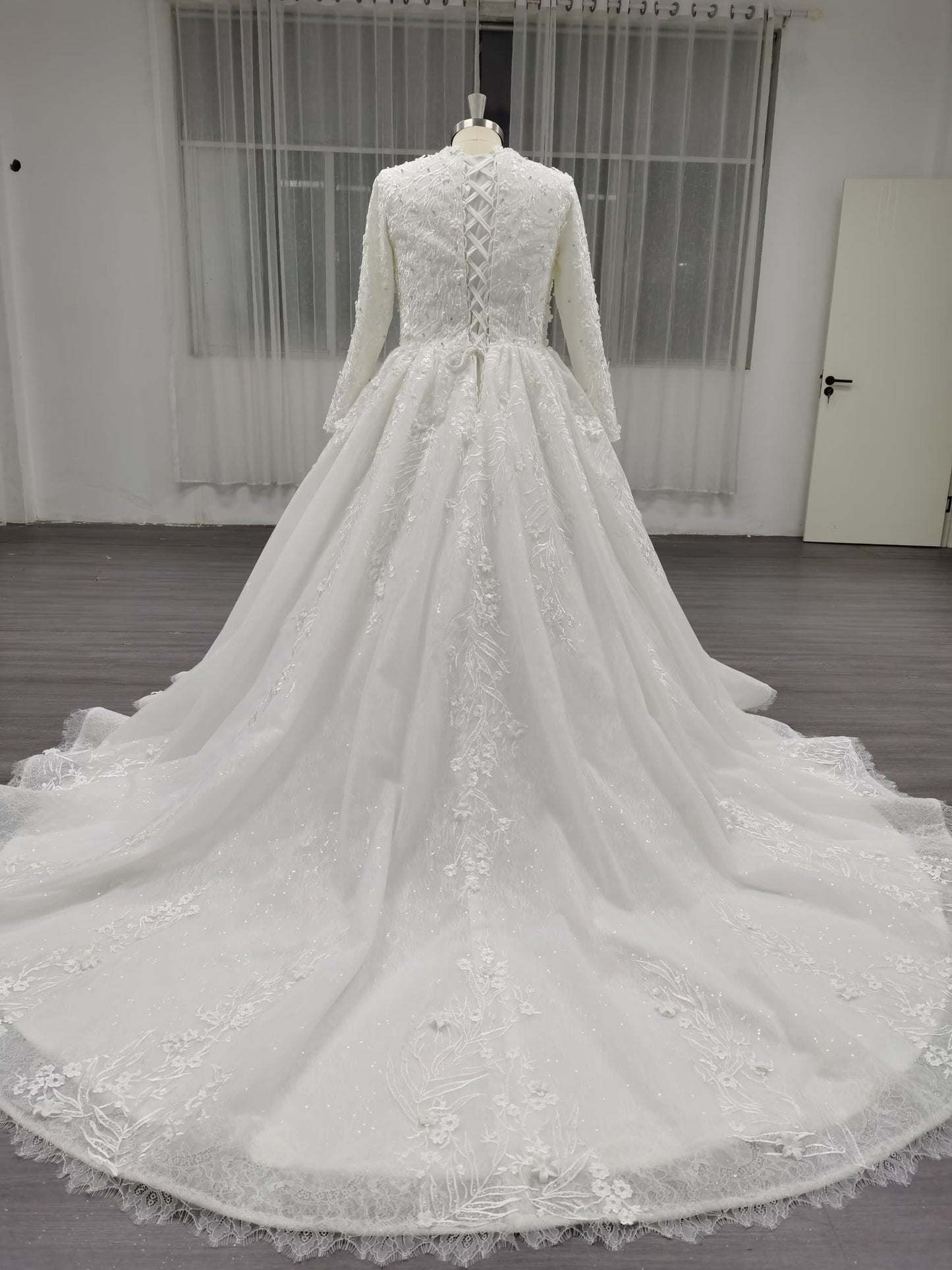 Eclara - Long Sleeve Satin Ball Gown Modest Wedding Dress