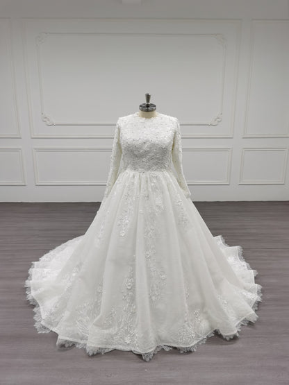 Eclara - Long Sleeve Satin Ball Gown Modest Wedding Dress