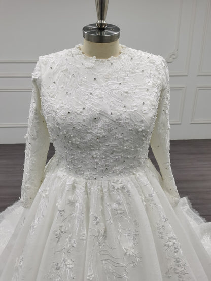 Eclara - Long Sleeve Satin Ball Gown Modest Wedding Dress
