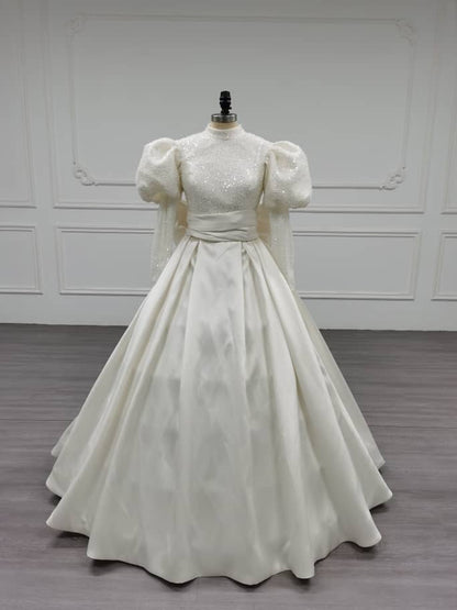 Opulique - Long Sleeve Satin Modest Wedding Dress
