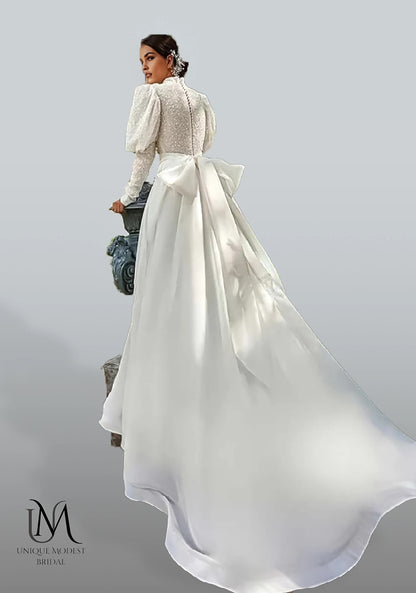 Opulique - Long Sleeve Satin Modest Wedding Dress