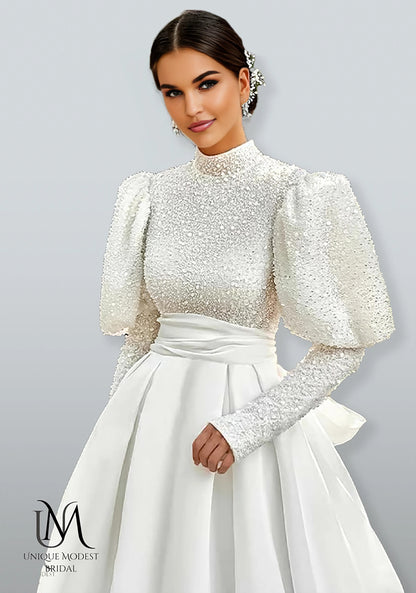Opulique - Long Sleeve Satin Modest Wedding Dress