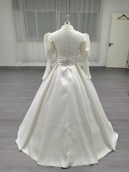 Opulique - Long Sleeve Satin Modest Wedding Dress
