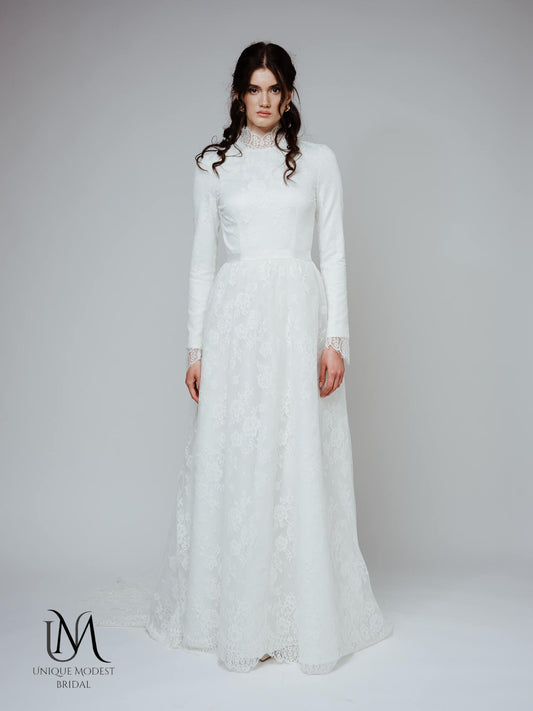 Angel - Modest Lace Long-Sleeve Wedding Dress with High Neck