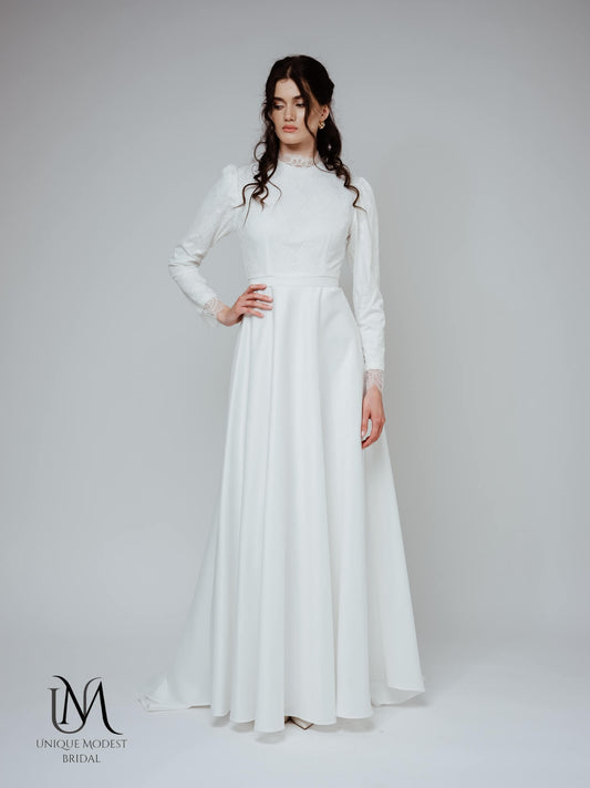 Beauty - Modest Lace Satin Long-Sleeve Wedding Dress