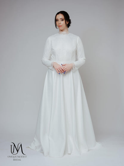 Beauty - Modest Lace Satin Long-Sleeve Wedding Dress