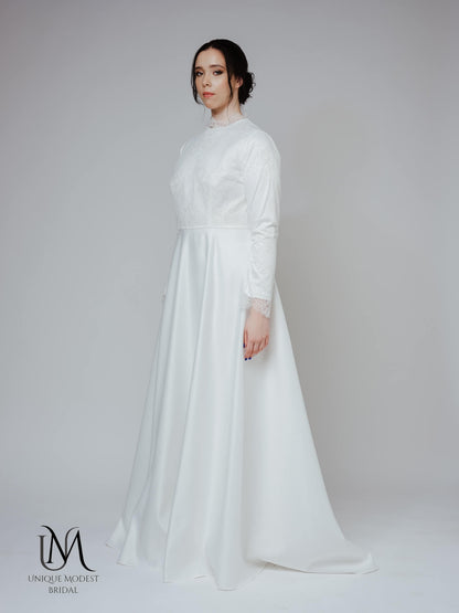 Beauty - Modest Lace Satin Long-Sleeve Wedding Dress