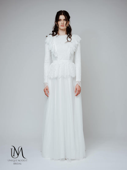 Bryony - Modest Long-Sleeve Lace Wedding Dress with Tulle Skirt
