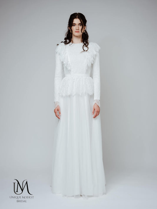 Bryony - Modest Long-Sleeve Lace Wedding Dress with Tulle Skirt