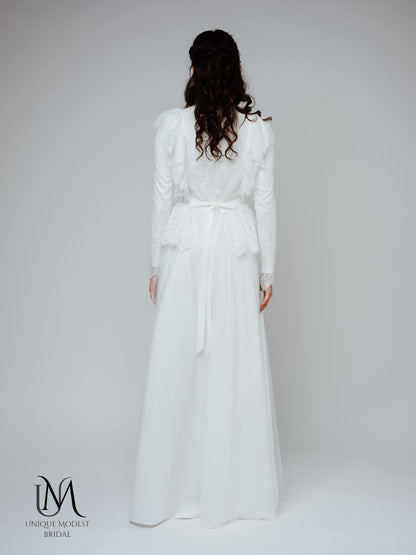Bryony - Modest Long-Sleeve Lace Wedding Dress with Tulle Skirt