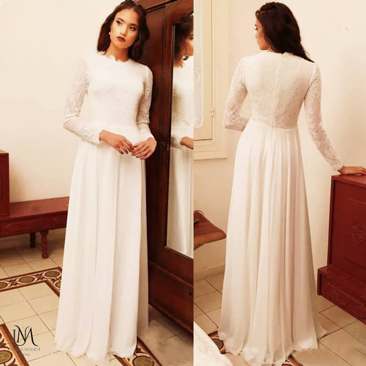 Earth - Elegant Simple Flow Chiffon Modest Wedding Dress