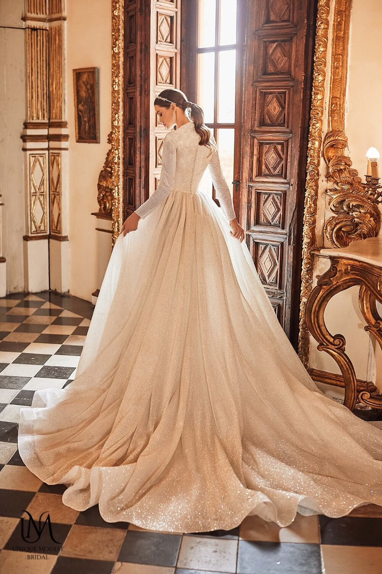 Bride in a grand wedding dress on stairs